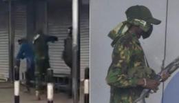 File image of a mask vendor being shot by police (left) and the police officer wearing a mask.